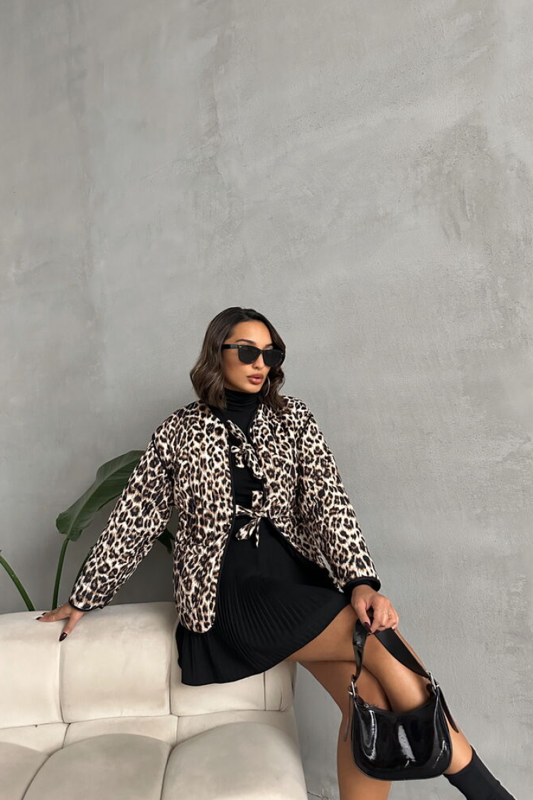 Leopard Patterned Quilted Front Tie Jacket