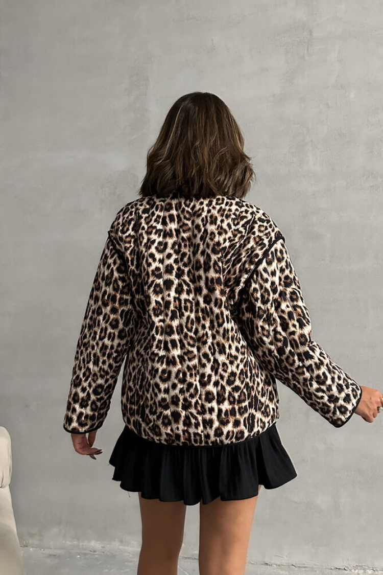 Leopard Patterned Quilted Front Tie Jacket