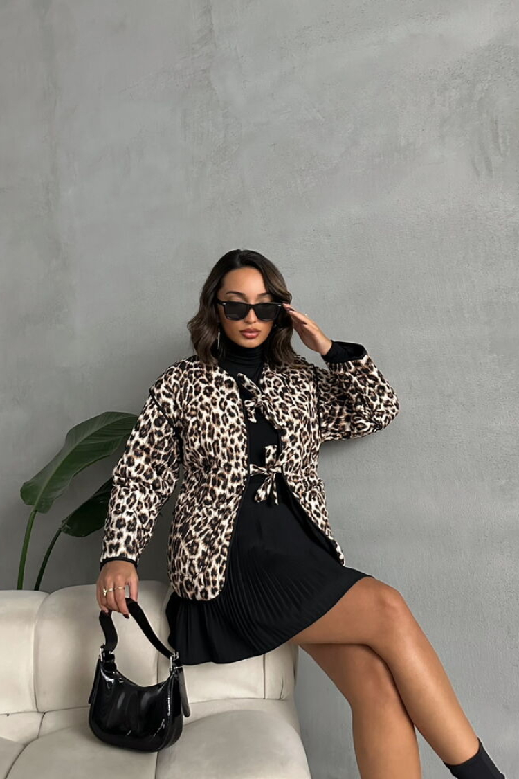 Leopard Patterned Quilted Front Tie Jacket