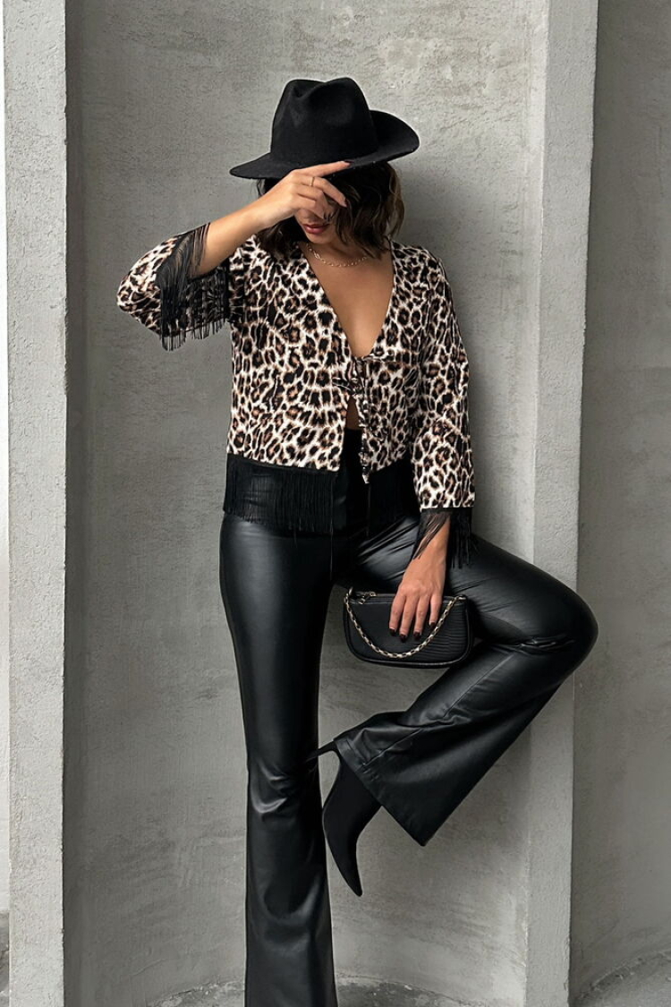 Leopard Patterned Fringed Front Tie Jacket - Topshow - Globality Store - Women Clothes Wholesale Turkey