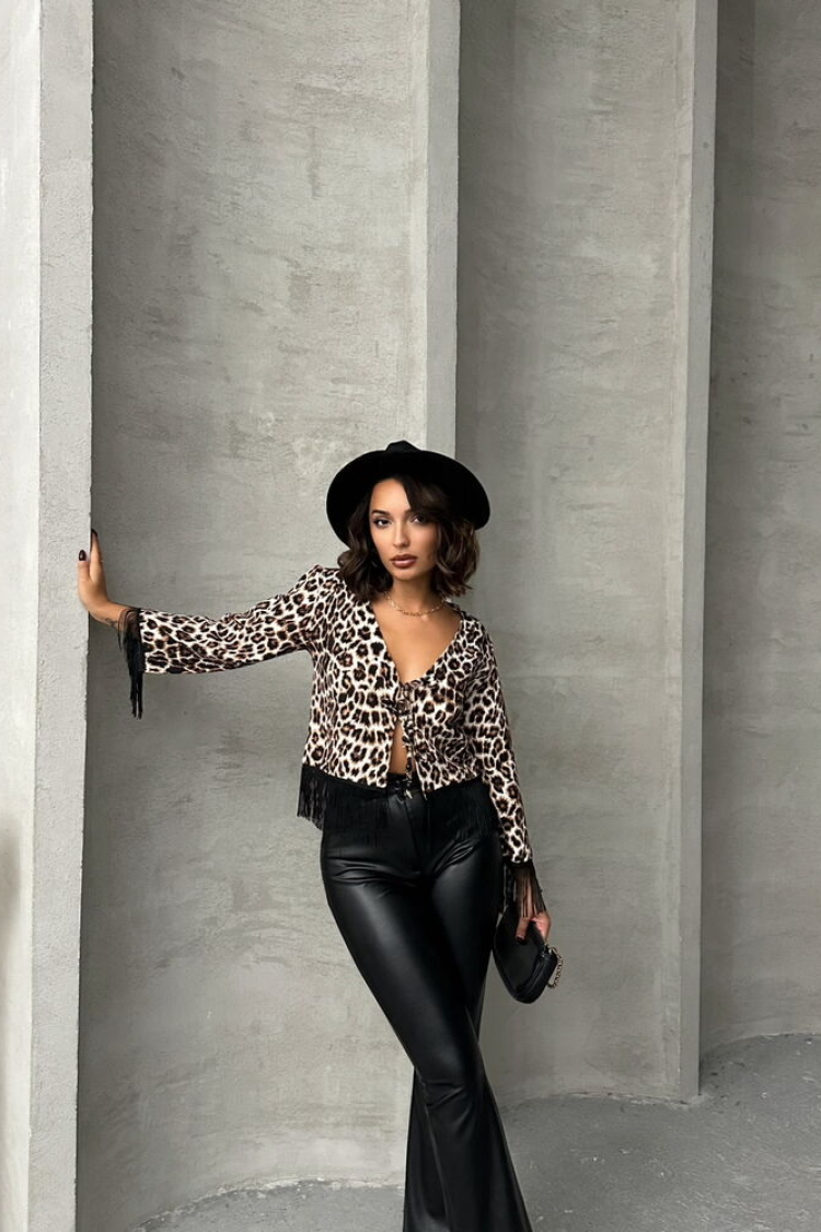Leopard Patterned Fringed Front Tie Jacket