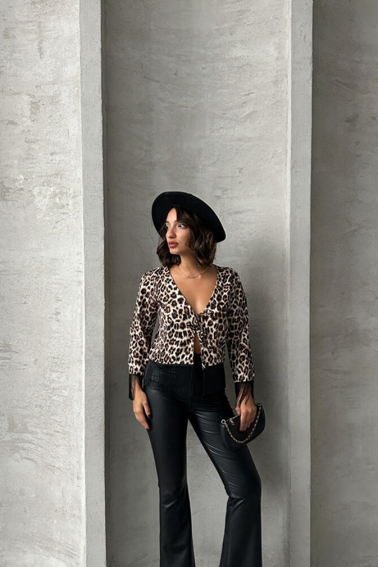Leopard Patterned Fringed Front Tie Jacket