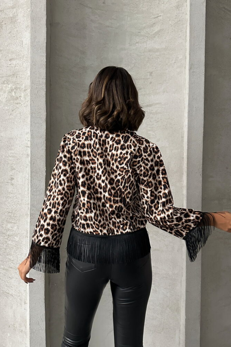 Leopard Patterned Fringed Front Tie Jacket