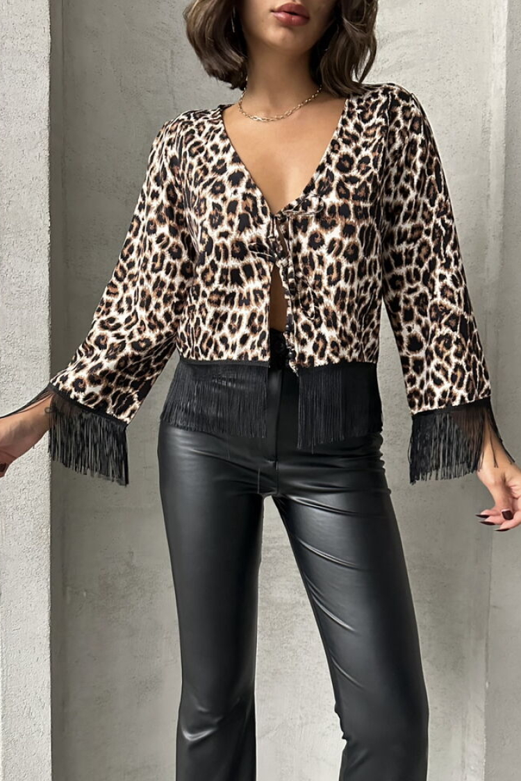 Leopard Patterned Fringed Front Tie Jacket