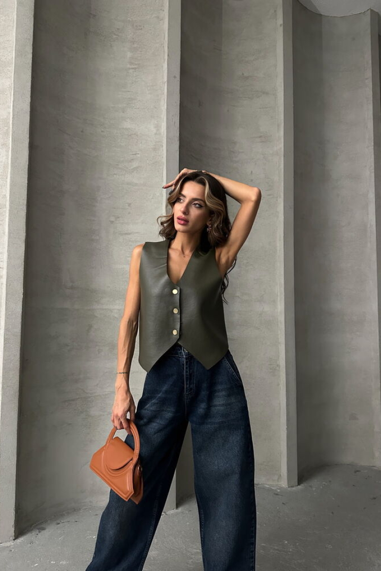 Button Detailed Leather Vest