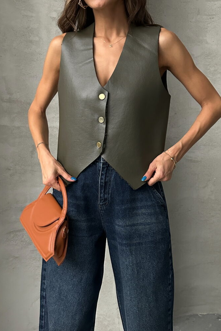 Button Detailed Leather Vest