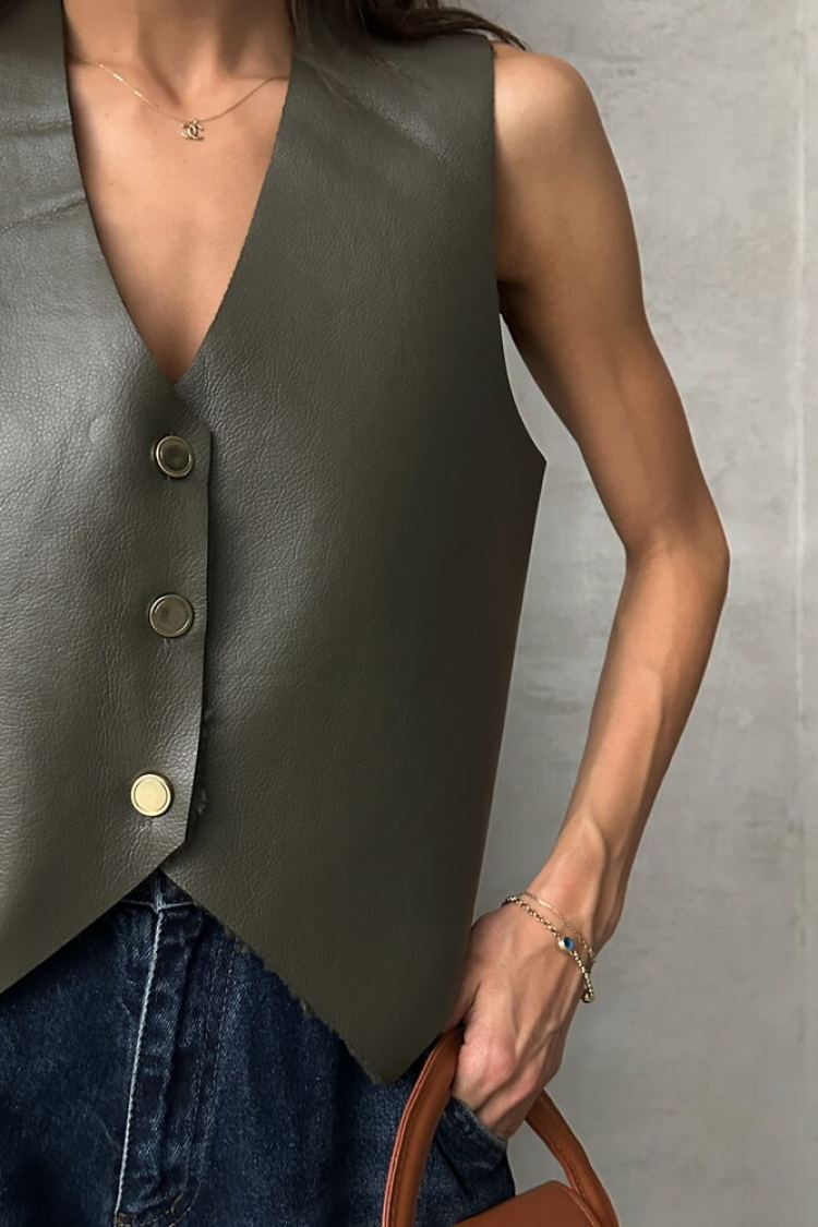Button Detailed Leather Vest