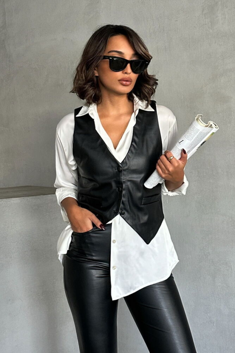 Buttoned Leather Vest - Topshow - Globality Store - Women Clothes Wholesale Turkey