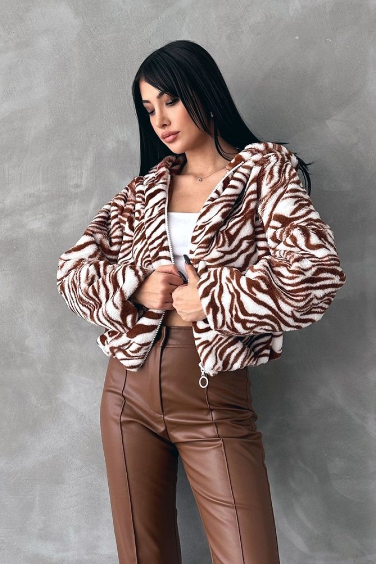 Zebra Printed Plush Coat - Ecru & - Topshow - Globality Store - Women Clothes Wholesale Turkey