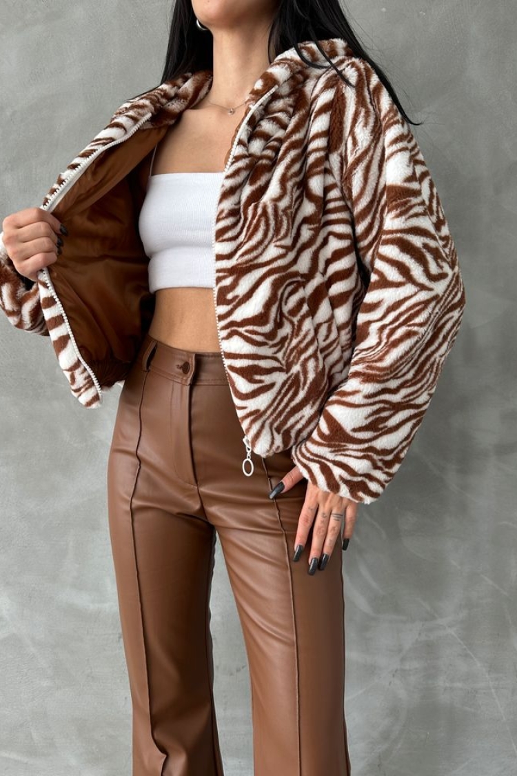 Zebra Printed Plush Coat - Ecru &