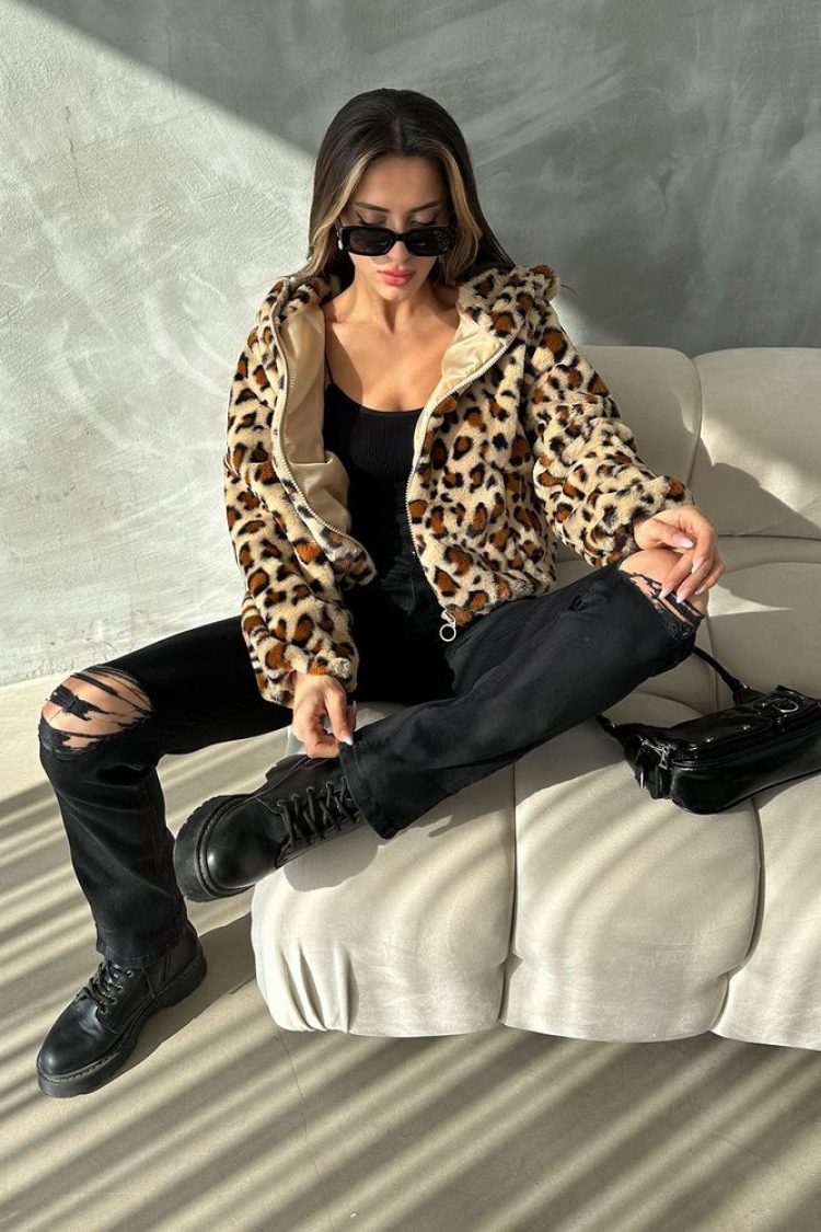 Leopard Look Plush Coat - Dark Stone & - Topshow - Globality Store - Women Clothes Wholesale Turkey
