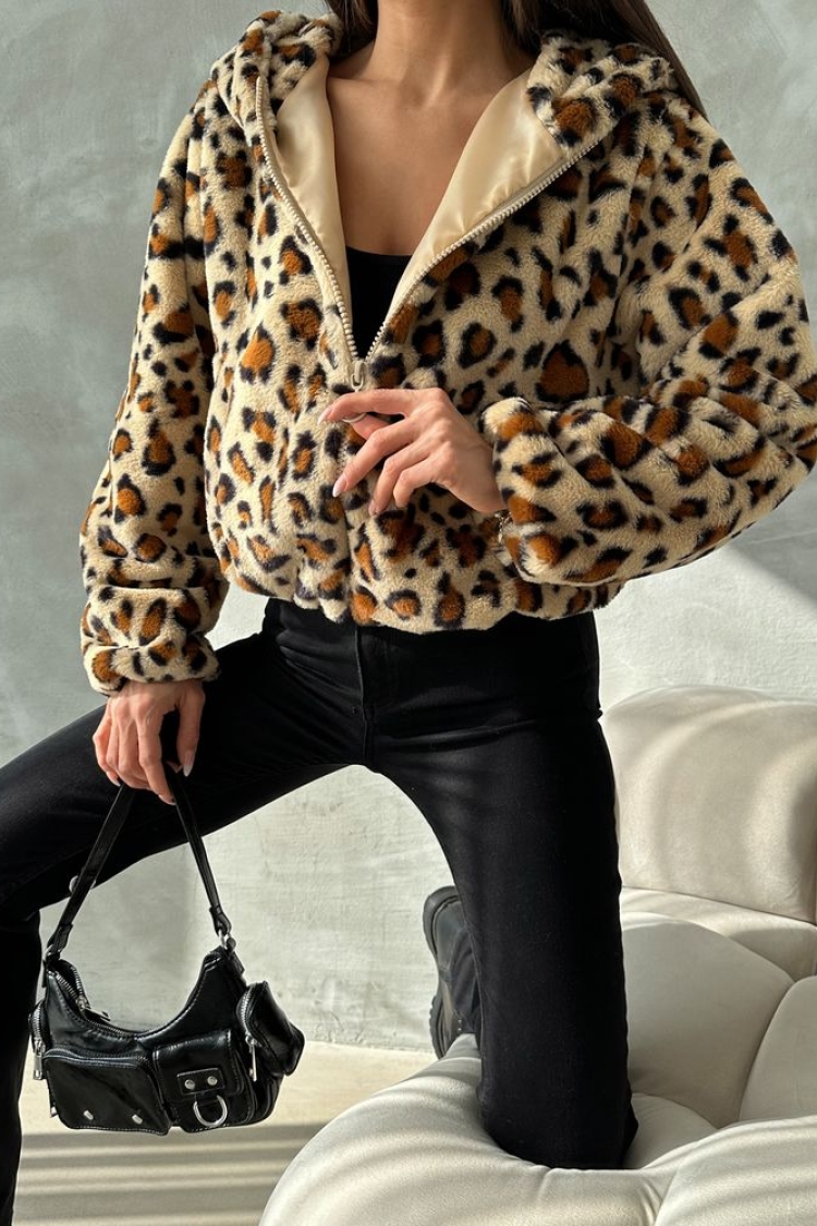 Leopard Look Plush Coat - Dark Stone &