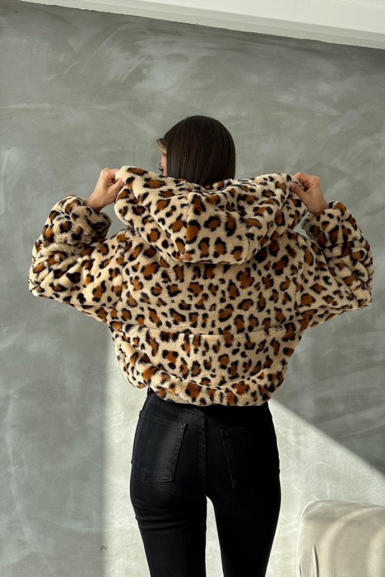 Leopard Look Plush Coat - Dark Stone &