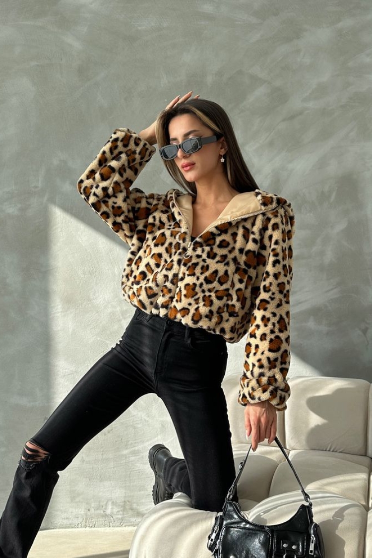 Leopard Look Plush Coat - Dark Stone &