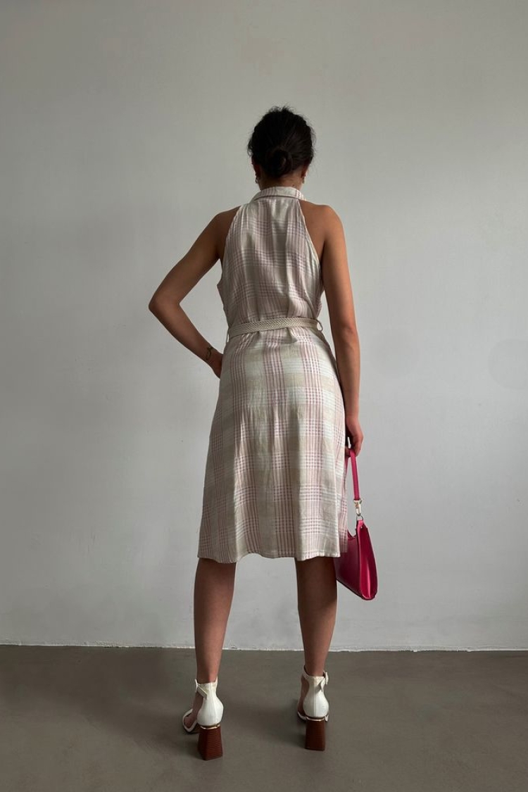 Linen Belted Zero Sleeve Dress - Powder