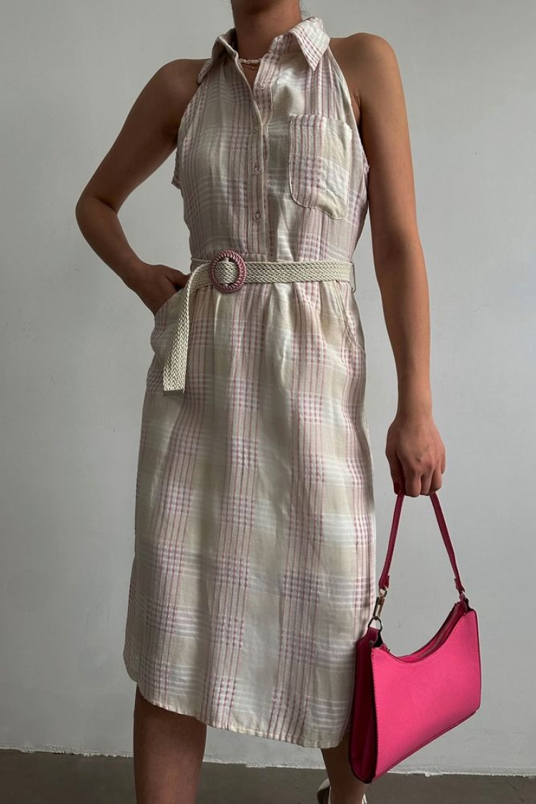 Linen Belted Zero Sleeve Dress - Powder - Topshow - Globality Store - Women Clothes Wholesale Turkey