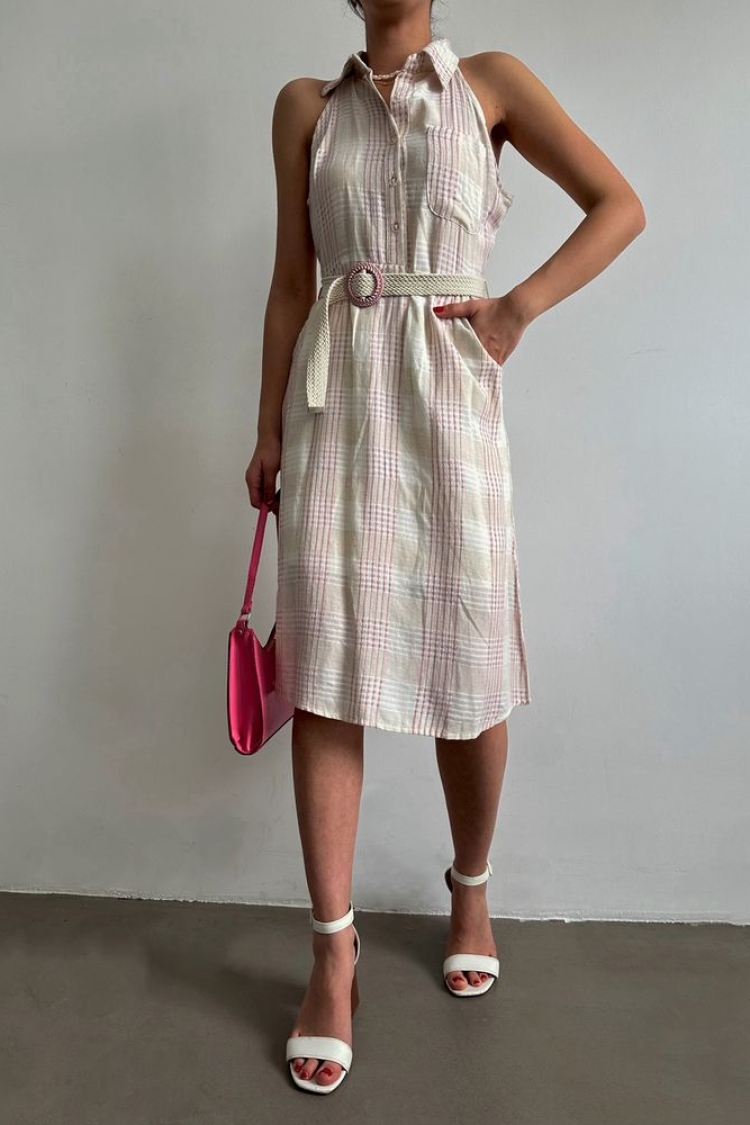Linen Belted Zero Sleeve Dress - Powder