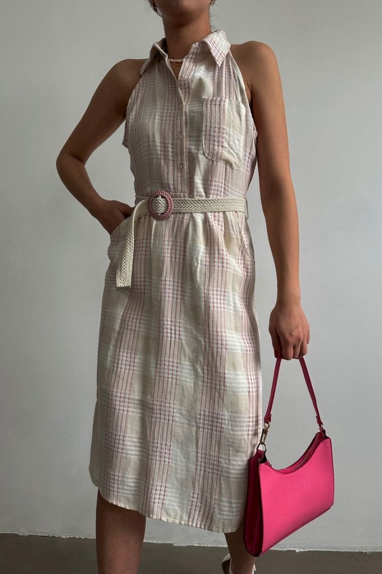 Linen Belted Zero Sleeve Dress - Powder
