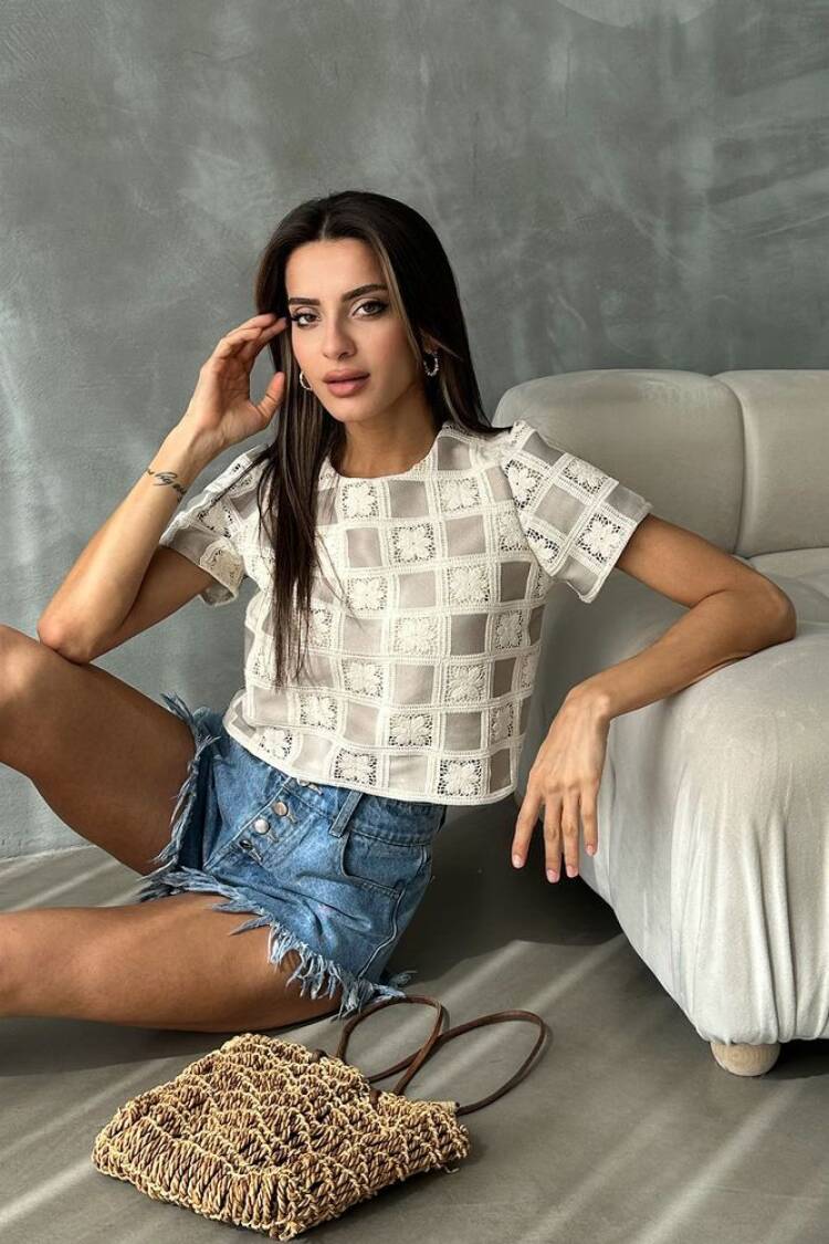 Raw Stone Short Sleeve Checker Pattern Crochet Blouse - Brand: Topshow - Women's Clothing Wholesale - Globality Store