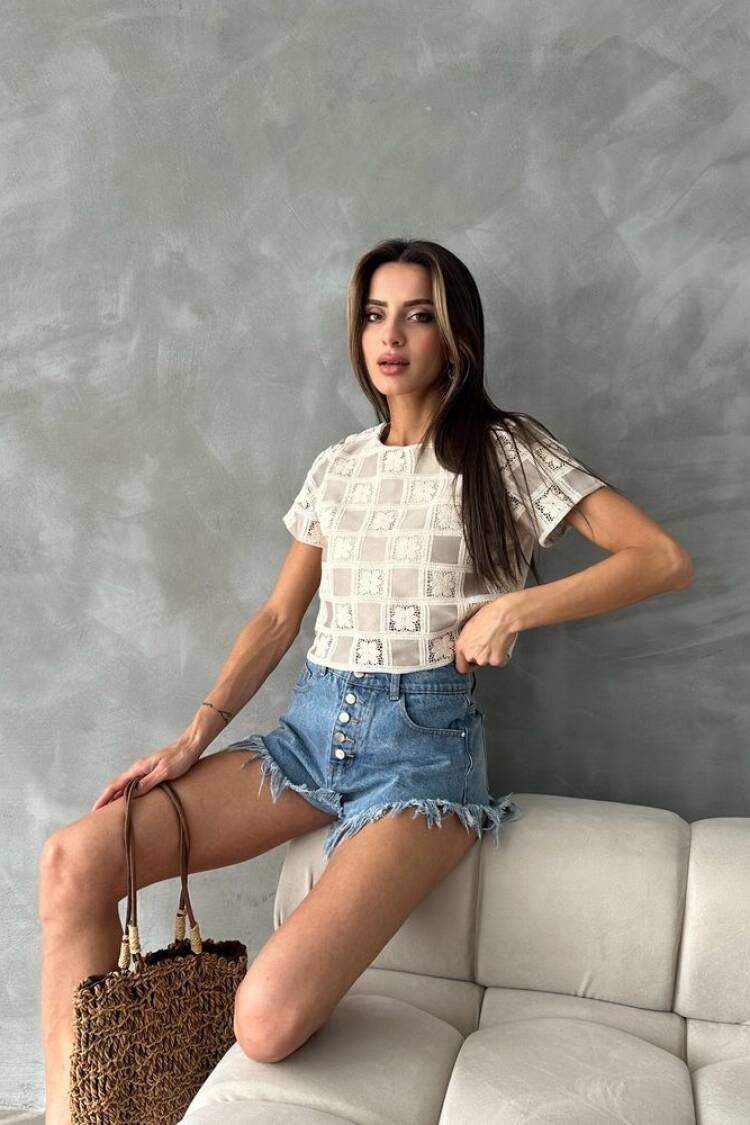 Raw Stone Short Sleeve Checker Pattern Crochet Blouse