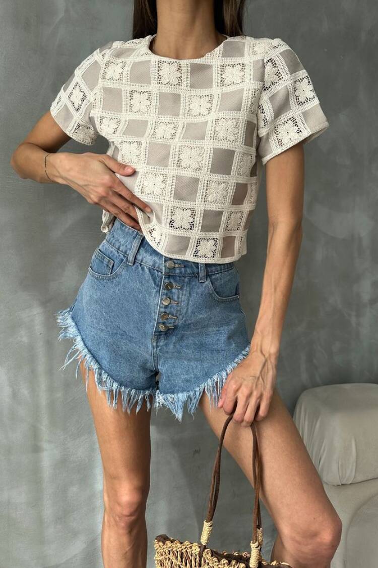 Raw Stone Short Sleeve Checker Pattern Crochet Blouse