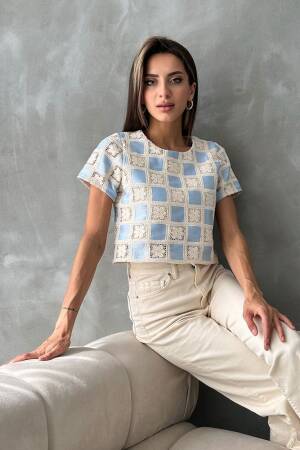 RawShort Sleeve Checkerboard Pattern Crochet Blouse - Brand: Topshow - Women's Clothing Wholesale - Globality Store