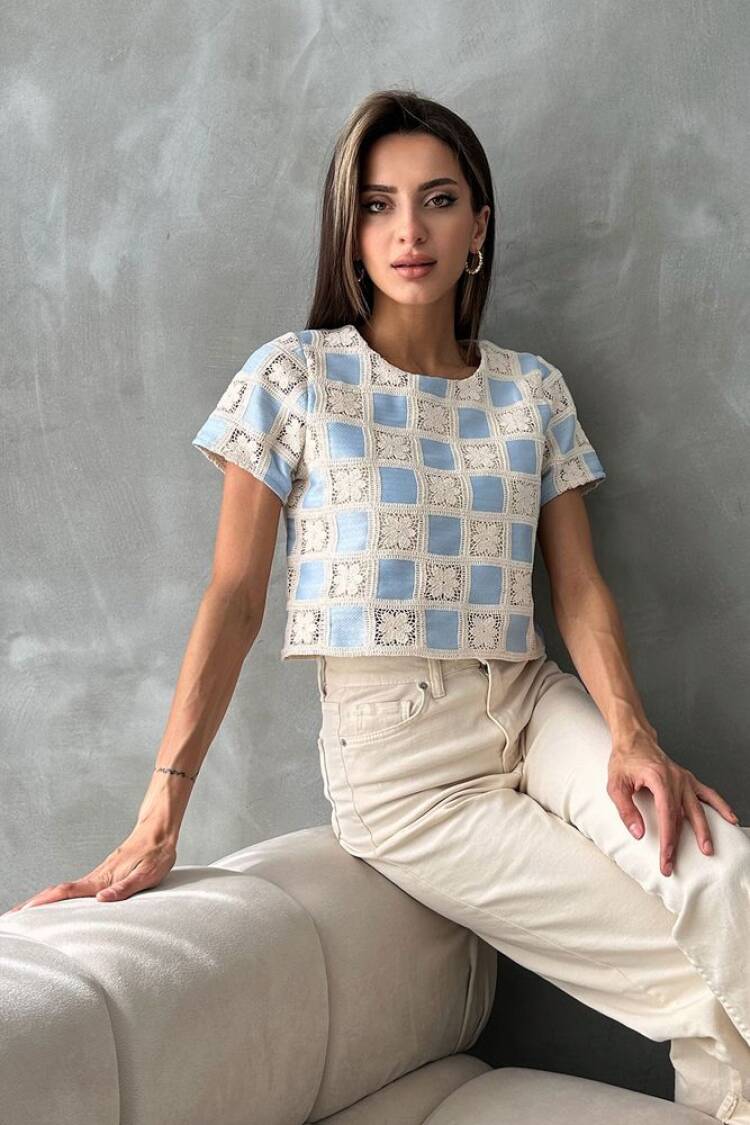 RawShort Sleeve Checkerboard Pattern Crochet Blouse - Brand: Topshow - Women's Clothing Wholesale - Globality Store