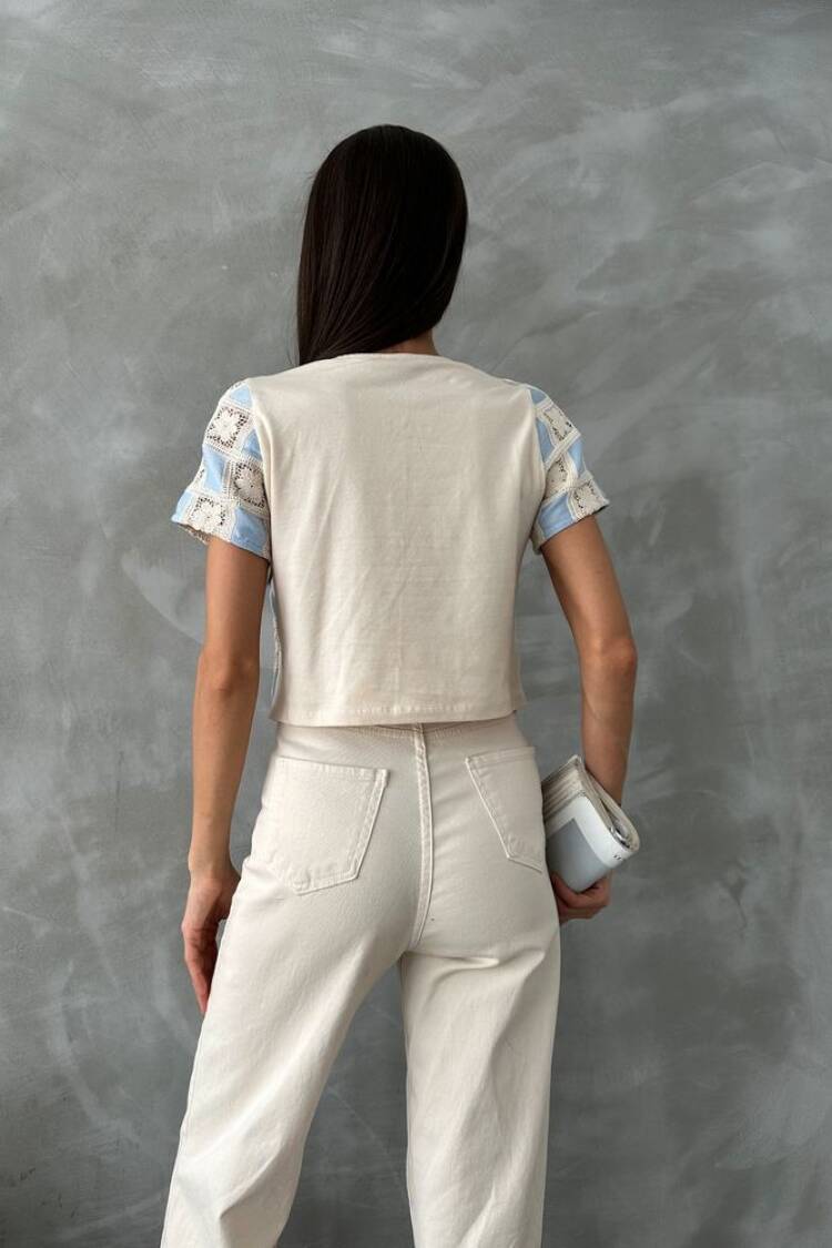 RawShort Sleeve Checkerboard Pattern Crochet Blouse