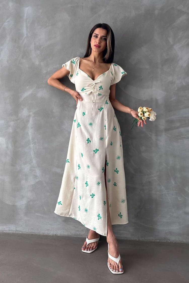 Ruffled Sleeve Tie Dress - Ecru & - Topshow - Globality Store - Women Clothes Wholesale Turkey