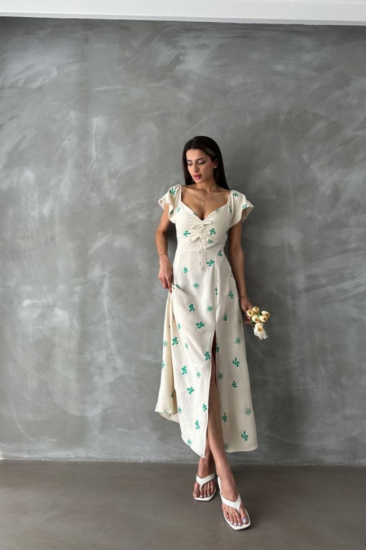 Ruffled Sleeve Tie Dress - Ecru &