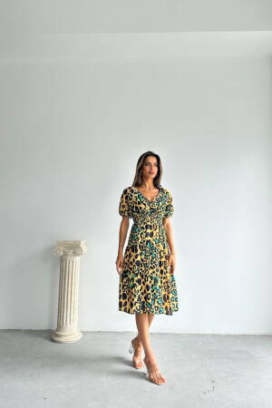 Leopard Emerald Patterned Long Dress - Topshow - Globality Store - Women Clothes Wholesale Turkey