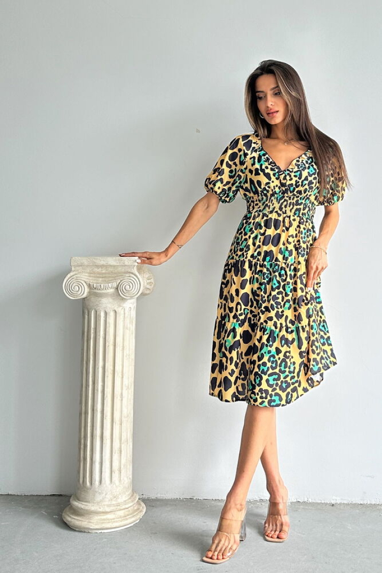 Leopard Emerald Patterned Long Dress - Topshow - Globality Store - Women Clothes Wholesale Turkey