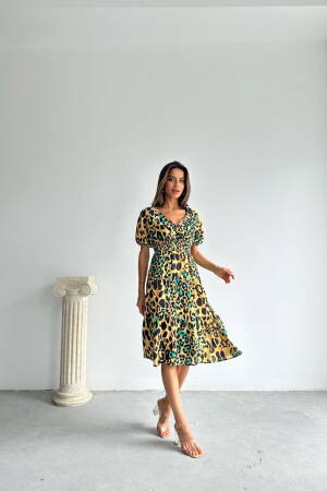 Leopard Emerald Patterned Long Dress - Topshow - Globality Store - Women Clothes Wholesale Turkey