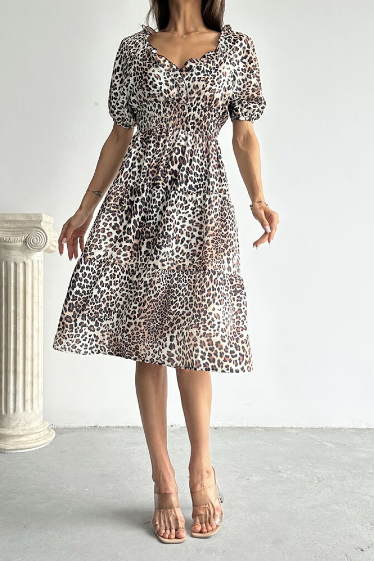 Little Leopard Patterned Long Dress - Brown &