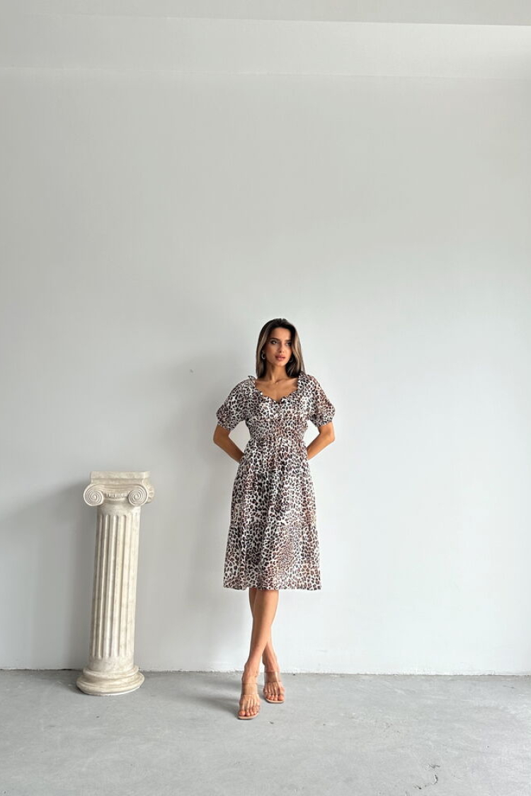 Little Leopard Patterned Long Dress - Brown &