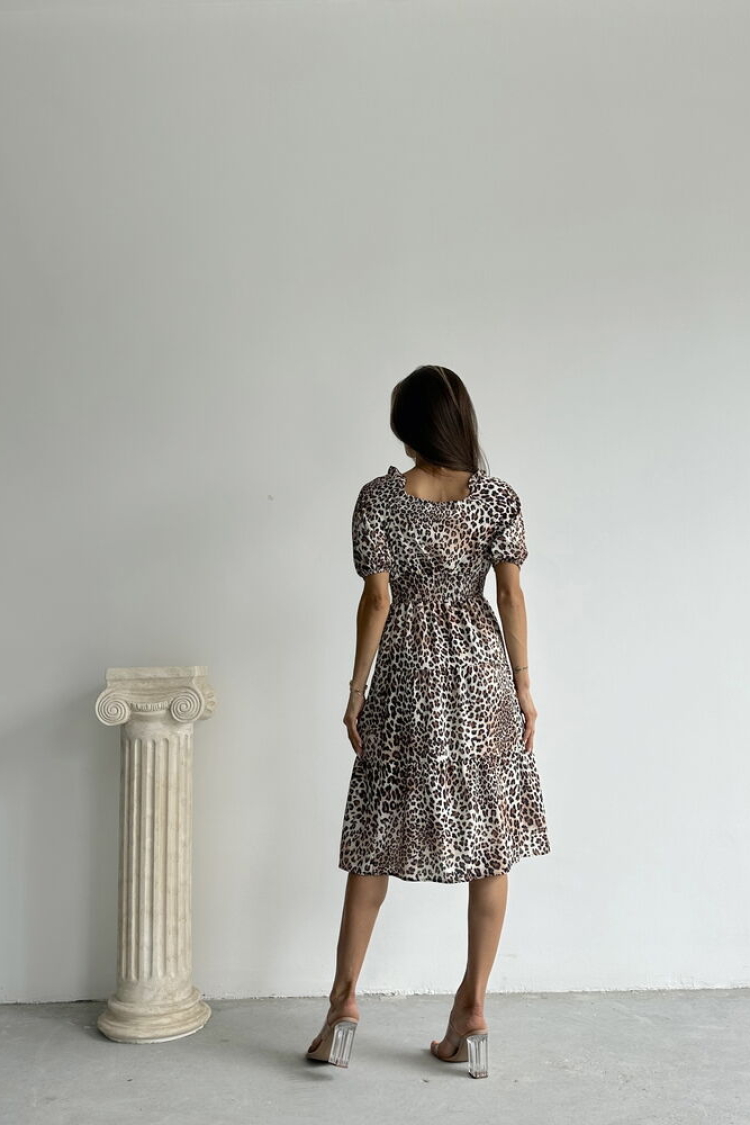Little Leopard Patterned Long Dress - Brown &