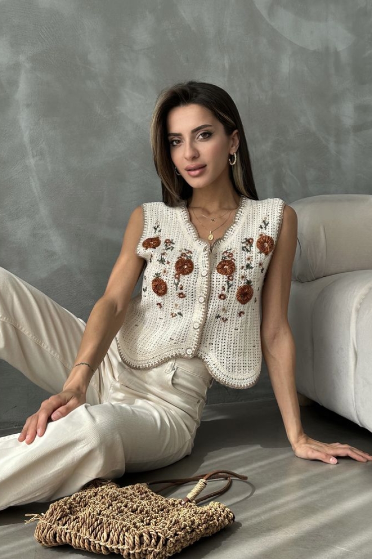 Embroidered Vest - Stone & Tile
