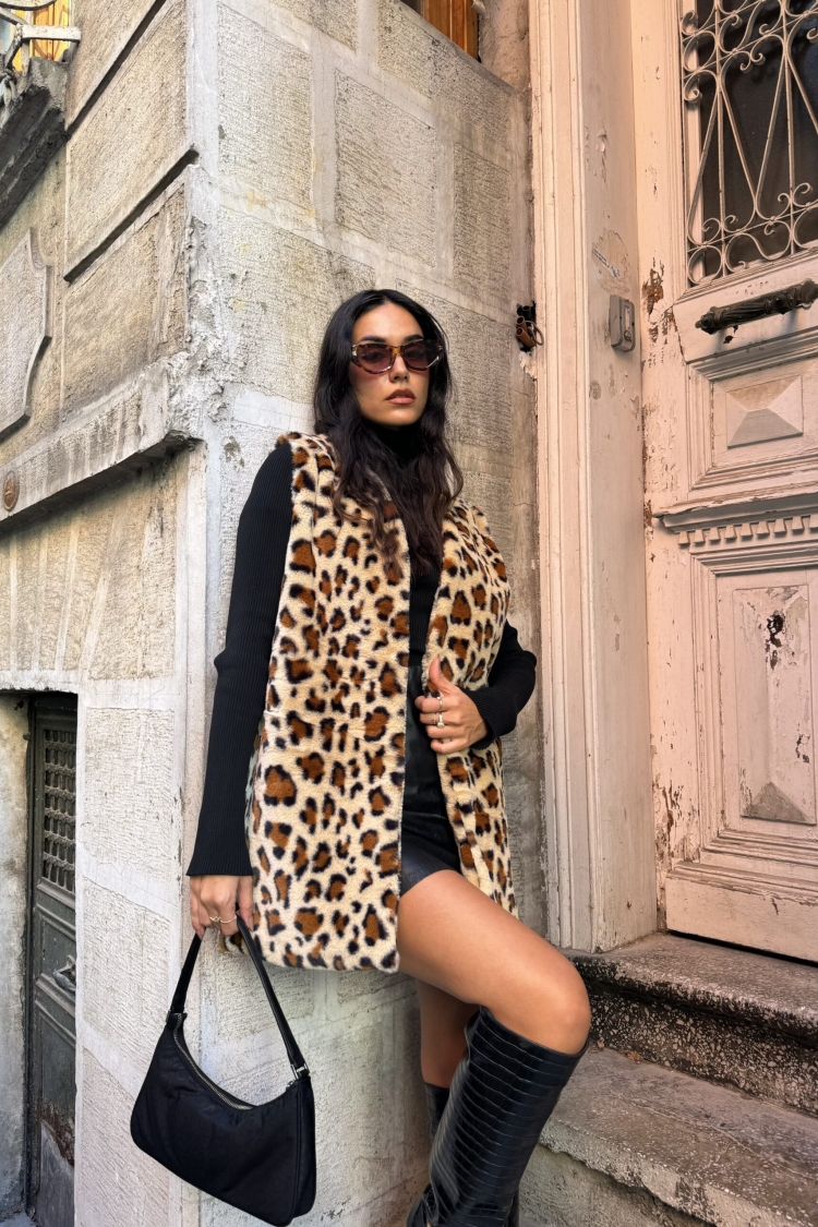 Leopard Plush Wide Cut Vest 28308 - First Angels - Globality Store - Women Clothes Wholesale Turkey