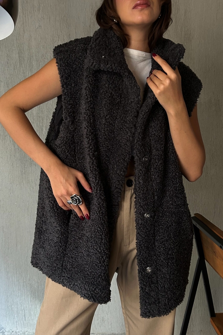 Hidden Snap Detail Lined Plush Vest 28267 - First Angels - Globality Store - Women Clothes Wholesale Turkey