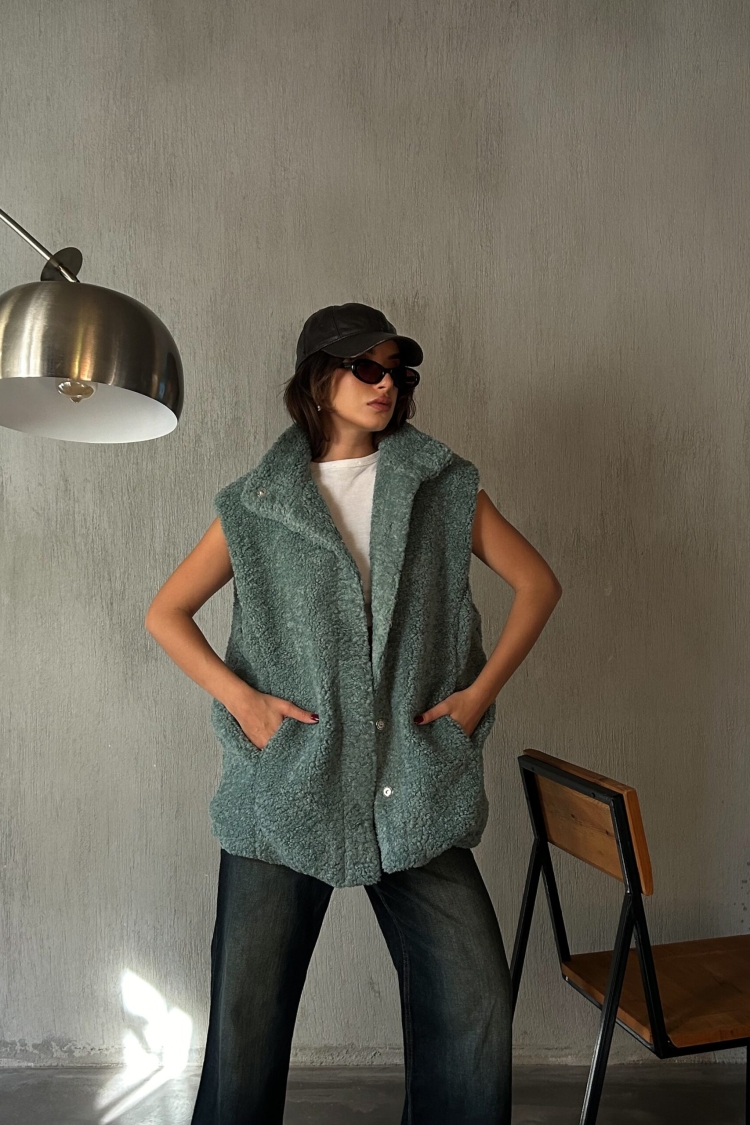 Green Hidden Snap Detail Lined Plush Vest 28267 - First Angels - Globality Store - Women Clothes Wholesale Turkey