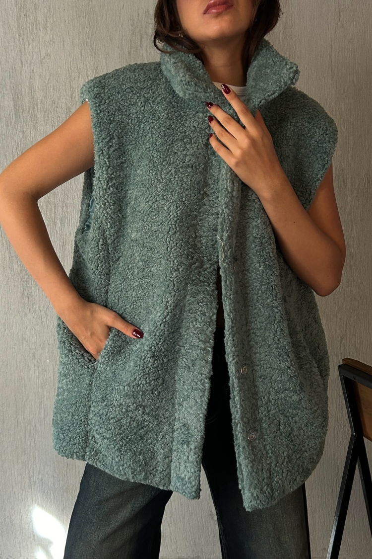 Green Hidden Snap Detail Lined Plush Vest 28267