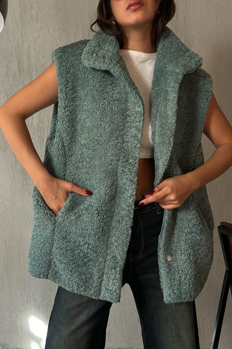 Green Hidden Snap Detail Lined Plush Vest 28267