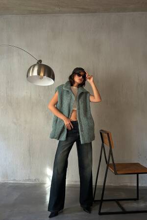 Green Hidden Snap Detail Lined Plush Vest 28267 - First Angels - Globality Store - Women Clothes Wholesale Turkey