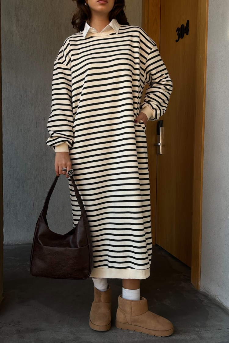 Black Striped 3 Thread Non-raised Long Oversize Dress 28288