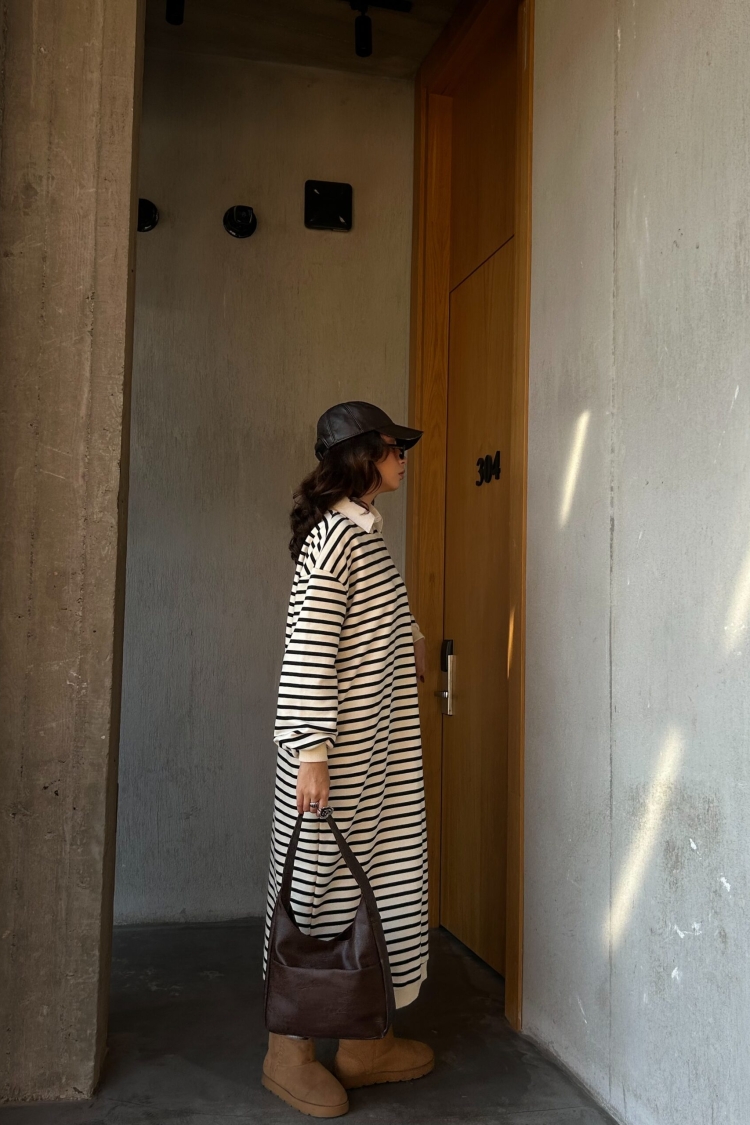 Black Striped 3 Thread Non-raised Long Oversize Dress 28288