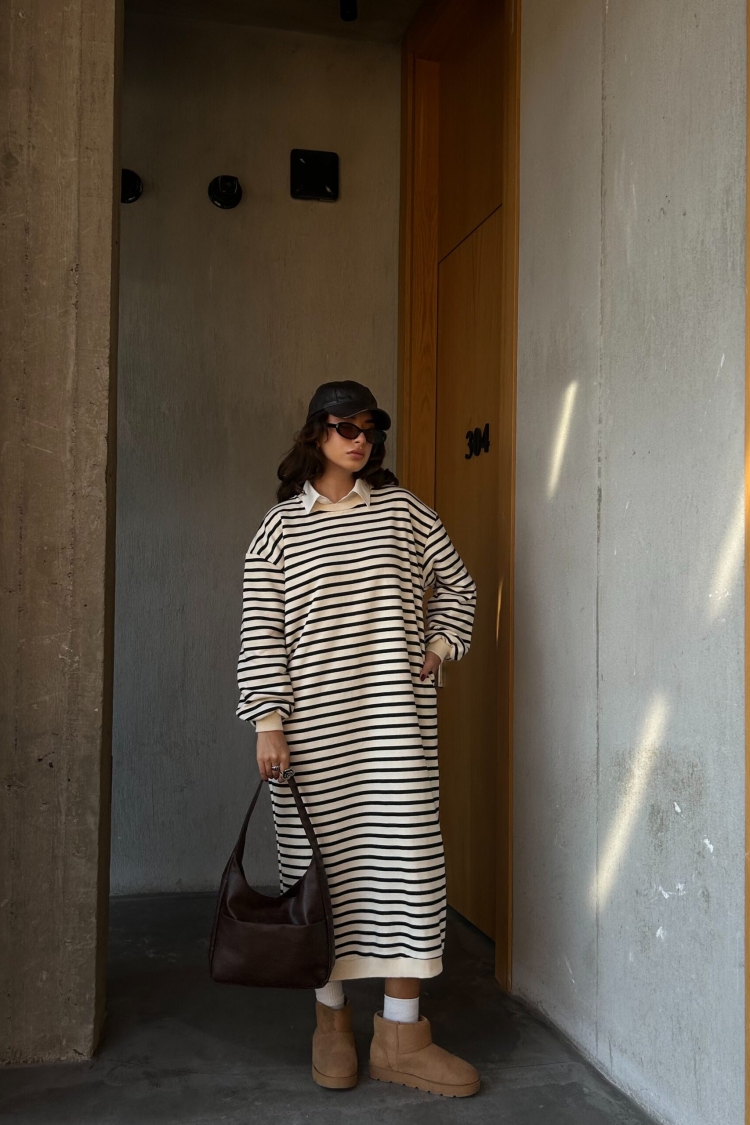 Black Striped 3 Thread Non-raised Long Oversize Dress 28288