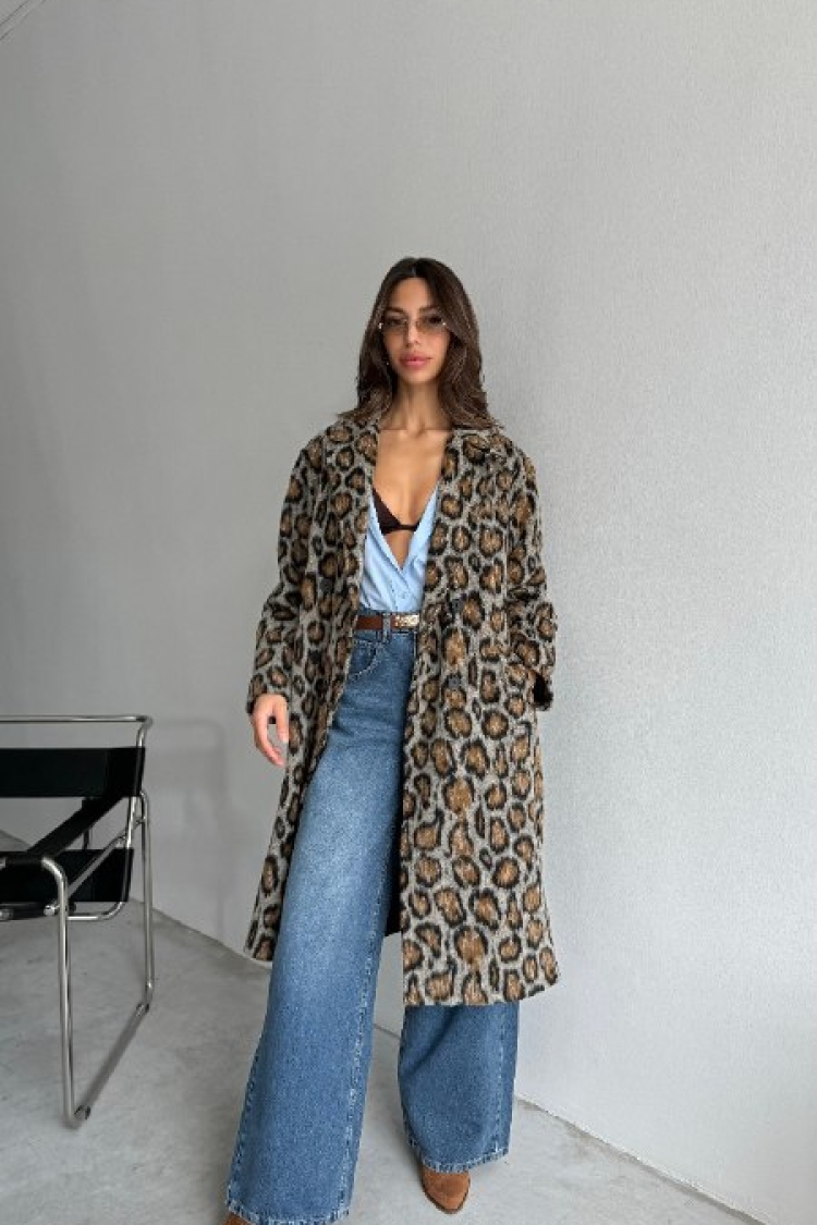 Leopard Pattern Cachet Oversize Coat - Brown - Cream Rouge - Globality Store - Women Clothes Wholesale Turkey