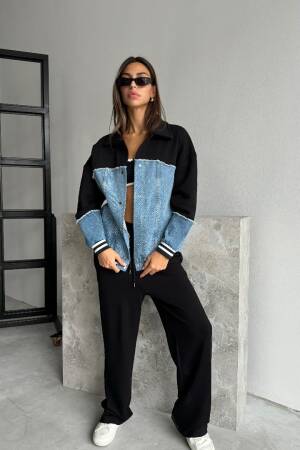 Garnished Bomber Jacket - Black & Blue - Cream Rouge - Globality Store - Women Clothes Wholesale Turkey