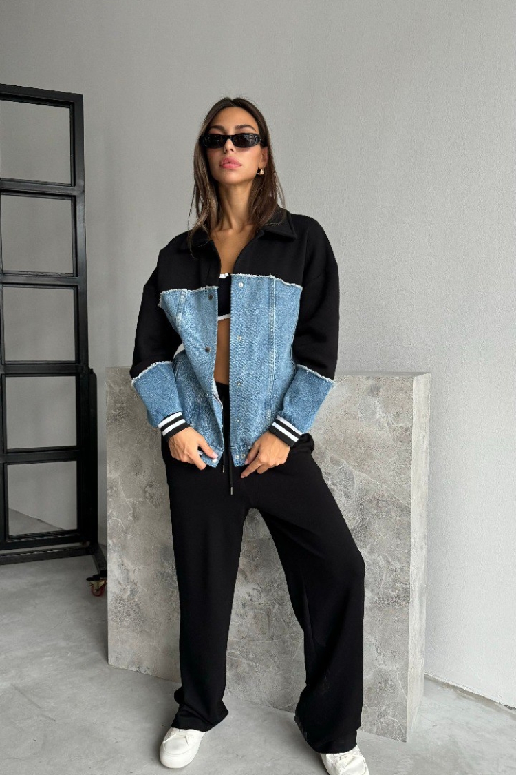 Garnished Bomber Jacket - Black & Blue - Cream Rouge - Globality Store - Women Clothes Wholesale Turkey