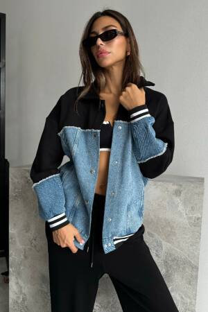 Garnished Bomber Jacket - Black & Blue - Cream Rouge - Globality Store - Women Clothes Wholesale Turkey
